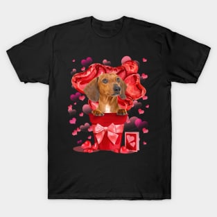 Red Dachshund Dog In Red Pot Happy Valentine's Day T-Shirt